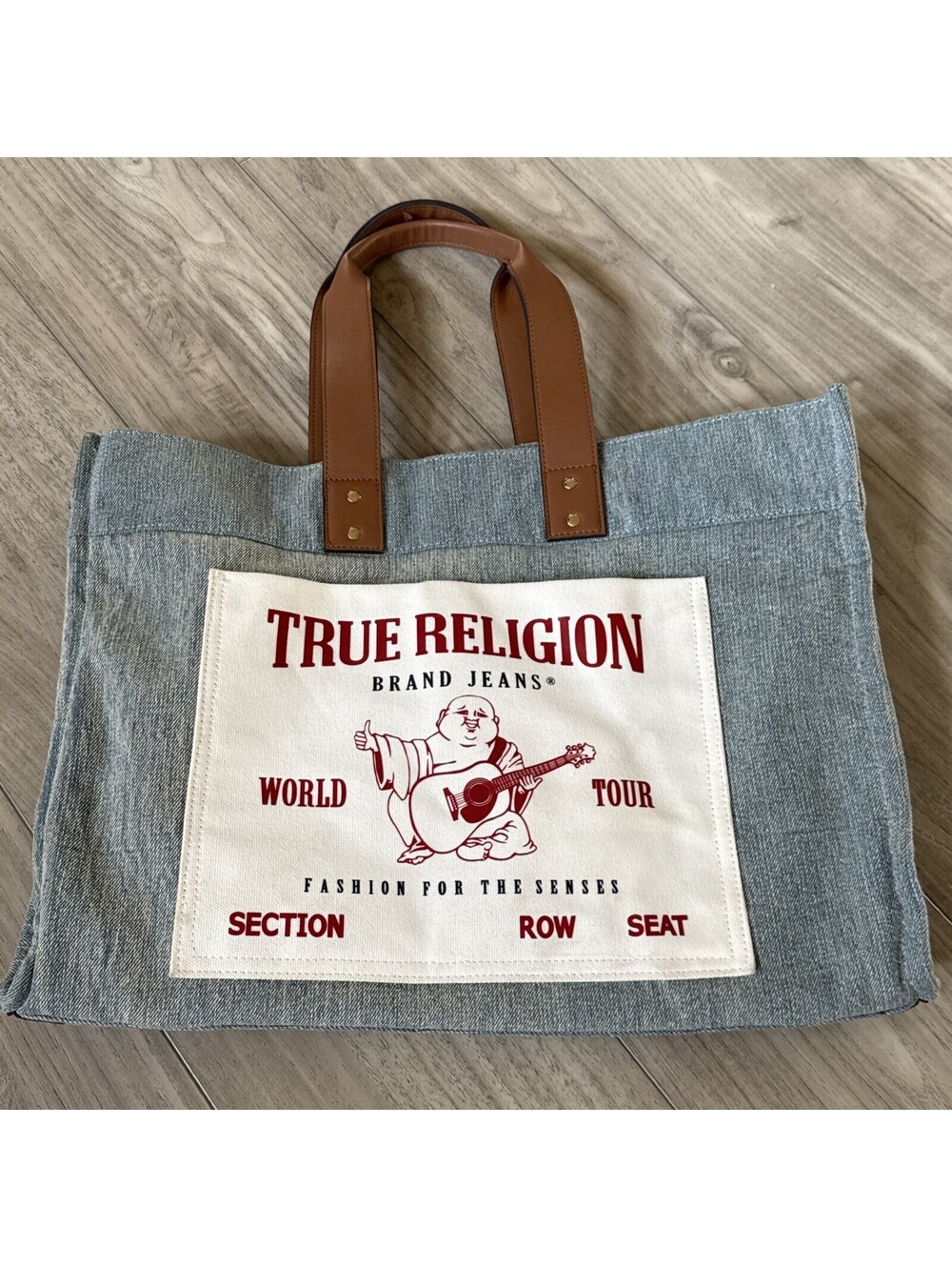 True Religion Denim Tote Bag with Brown Leather Handles Purse Buddha XL Size